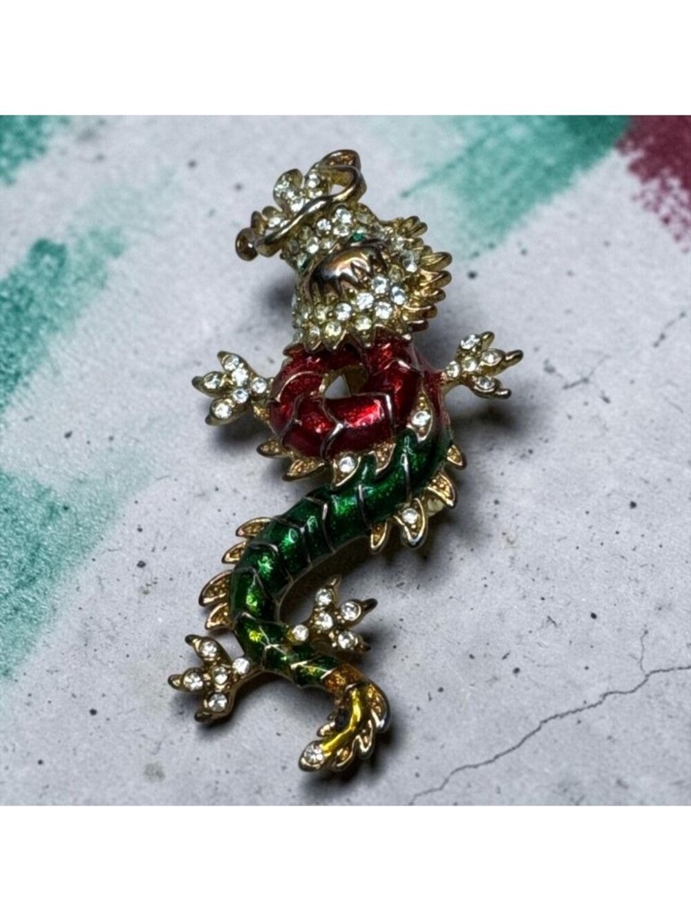 Vintage Dragon Brooch Red Green Enamel Rhinestone Figural Asian Pin